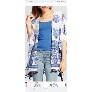 Xhilaration blue white sheer kimono XL/XXL swim cover-up open top fringe boho
